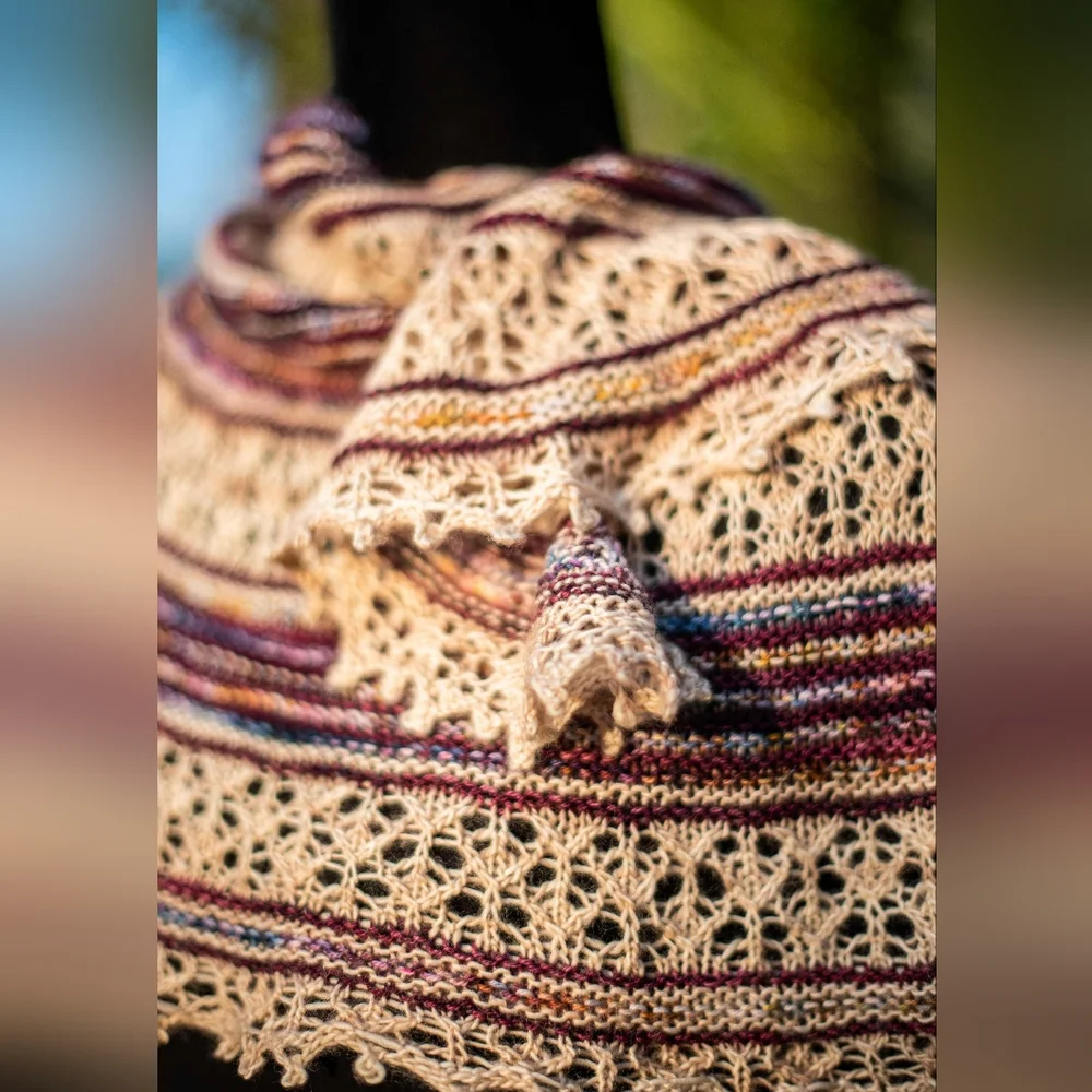 SOLD Hand Crafted OOAK Classic Wool Striped Lace Knit Scarf White Purple - Picture 8 of 9